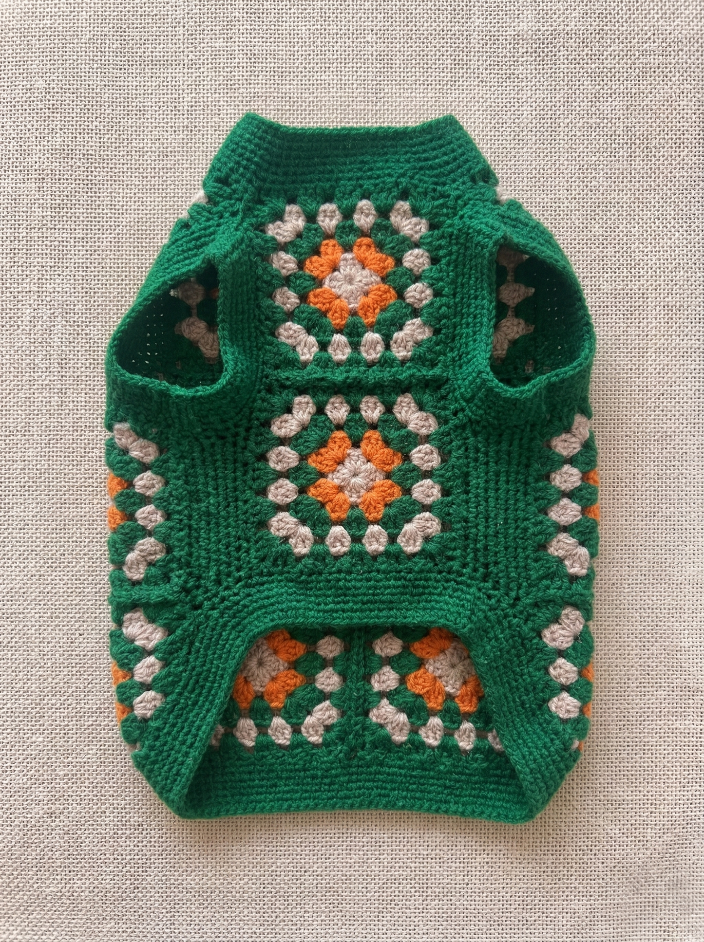 Hand-Crocheted Granny Square Dog Sweater, 100% Merino Wool, Boho Pet Clothes