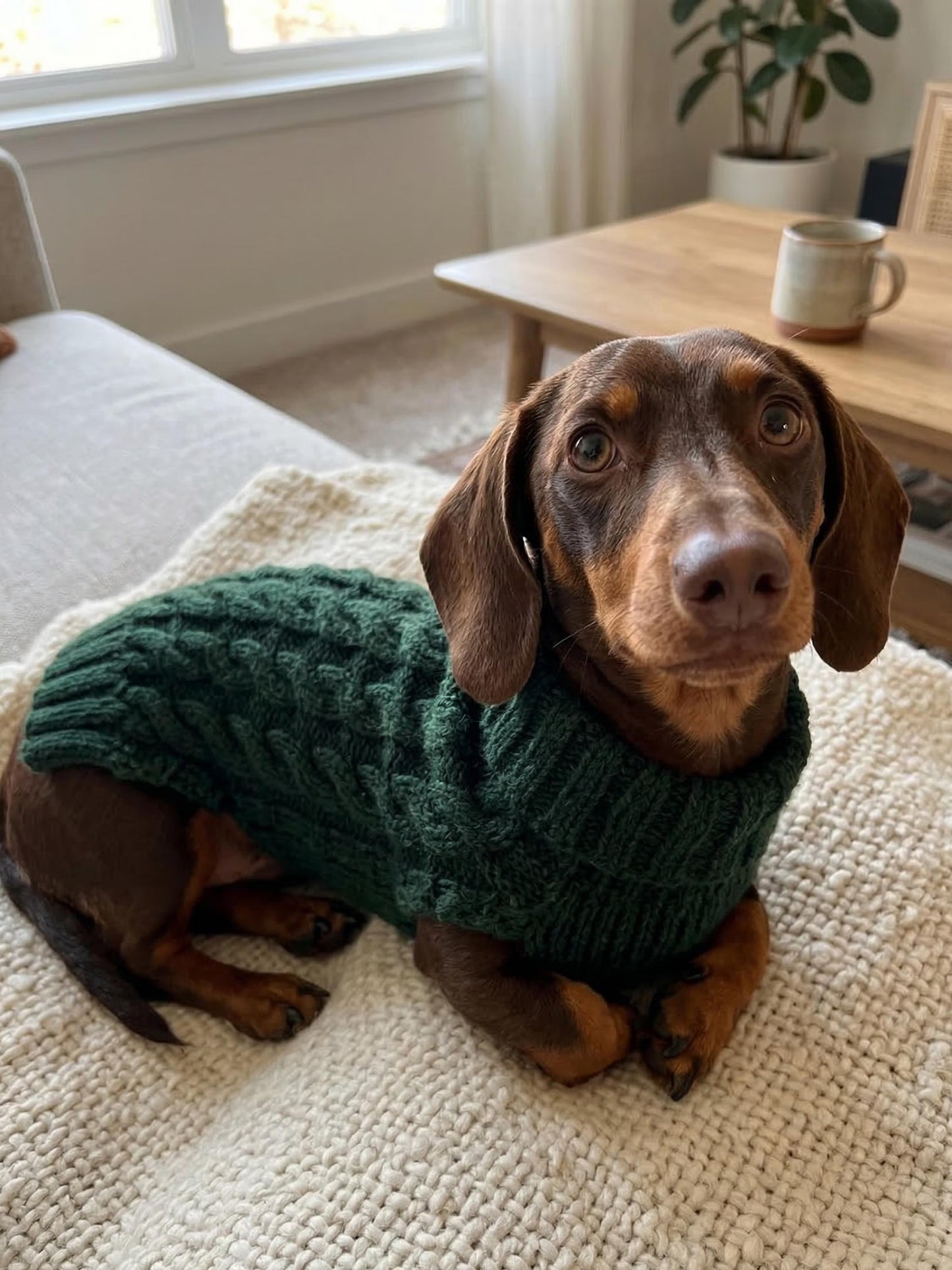 Forest Green Cable-Knit Dog Sweater - 100% Luxury Superwash Merino Wool