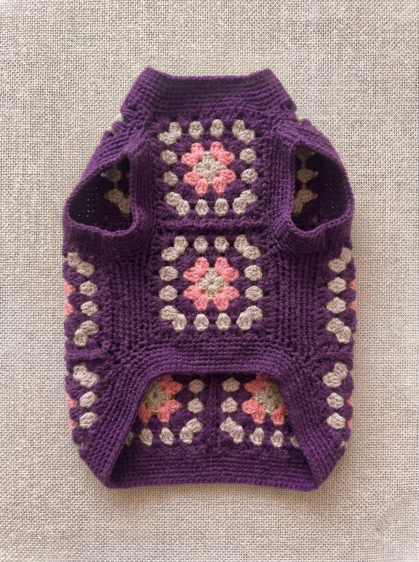 Hand-Crocheted Granny Square Dog Sweater, 100% Merino Wool, Boho Pet Clothes